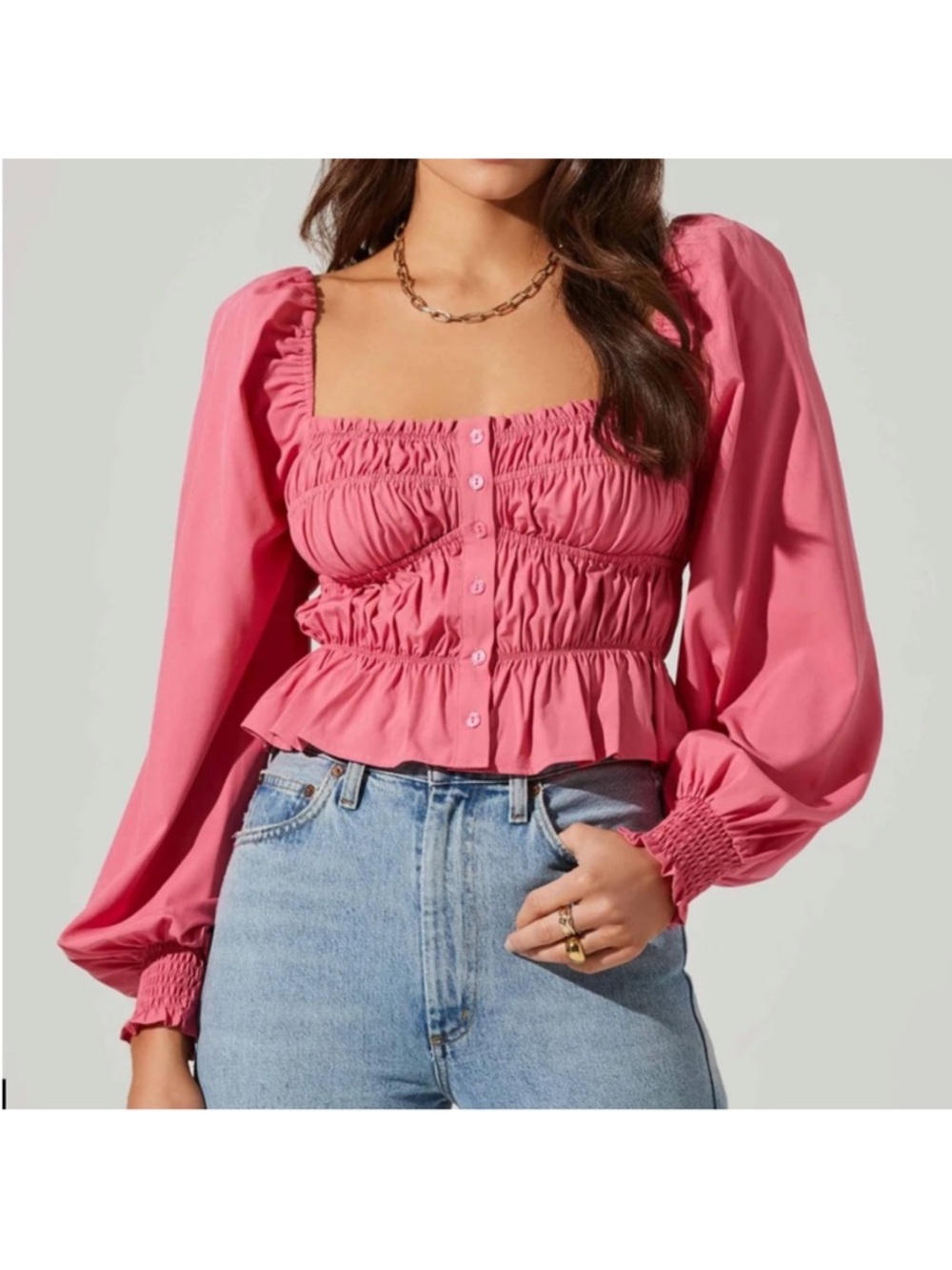 ASTR Pink Ruched Square-Neck Peplum Blouse